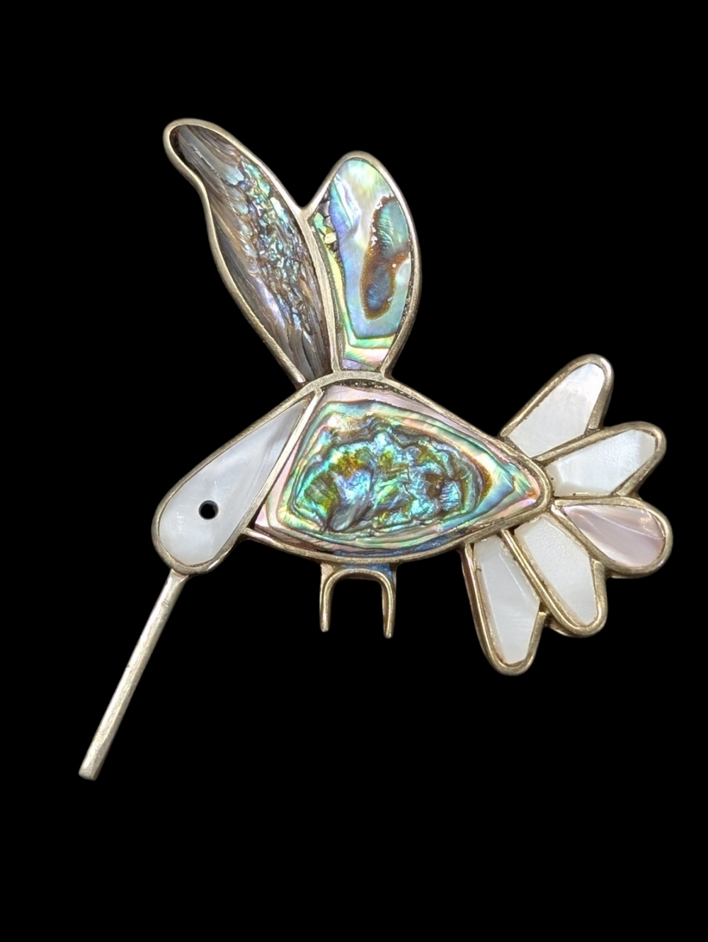 Vintage Alpaca Mexico Abalone & Mother-of-Pearl Hummingbird Brooch or Pendant